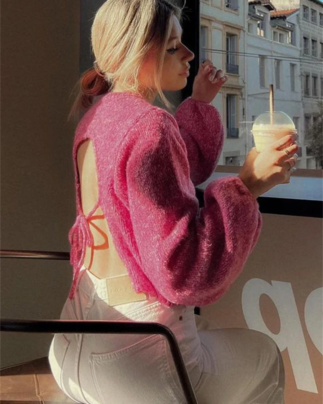 Women’s Backless Knitted Sweater - Casual Long Sleeve