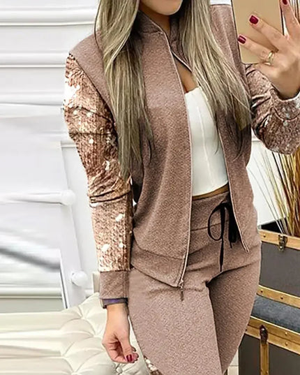 Women's Two-Piece Sequin Zipper Jacket and Sweatpants Set