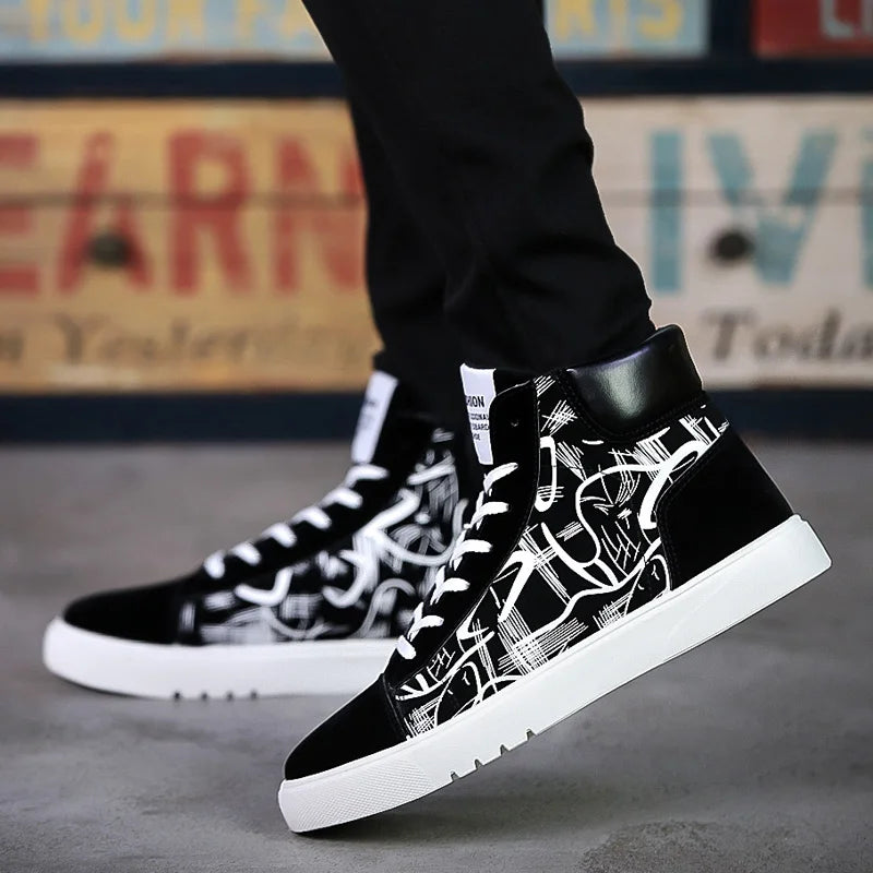 Men's Lace-Up High-Top Canvas Sneakers with Vulcanized Sole