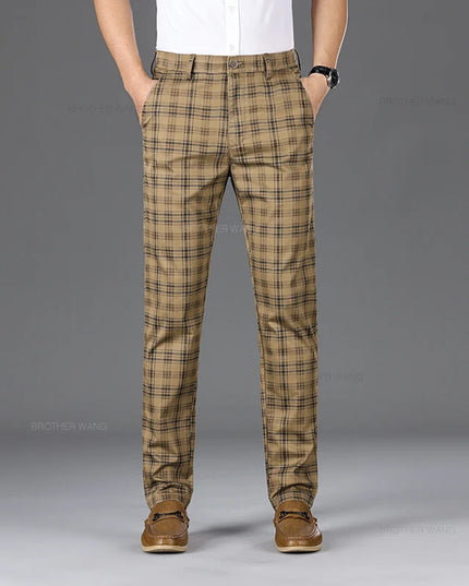 Slim Fit Cotton Plaid Stretch Trousers for Men