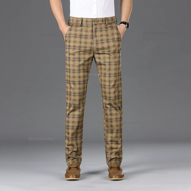 Slim Fit Cotton Plaid Stretch Trousers for Men