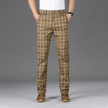 Slim Fit Cotton Plaid Stretch Trousers for Men