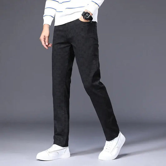 Men's Slim Fit Classic Pants - Stretch Cotton Checkered Trousers