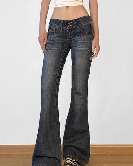 Vintage Women’s Flare Jeans – Distressed Denim Trousers with Low Waist, Washed Finish