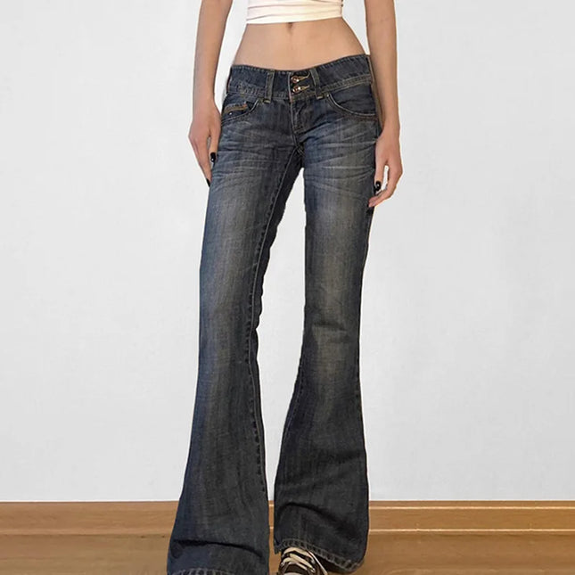 Vintage Women’s Flare Jeans – Distressed Denim Trousers with Low Waist, Washed Finish