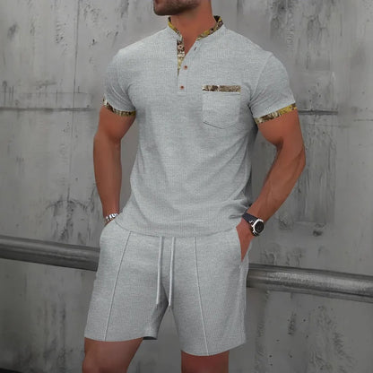 Men's Two-Piece Zip-Up Lapel T-Shirt and Shorts Set - Casual Summer Activewear