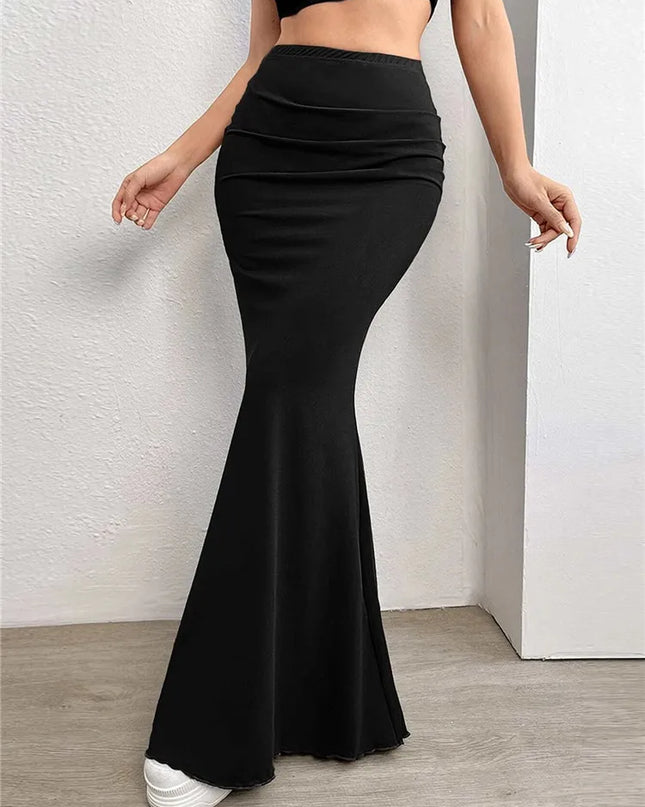 Elegant Women's High Waist Ruched Maxi Skirt – Comfortable Elastic Long Skirt