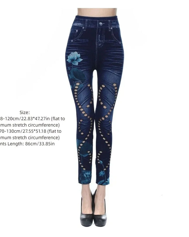 High-Waisted Women's Slim-Fit Faux Denim Pants with Heart and Flower Pattern