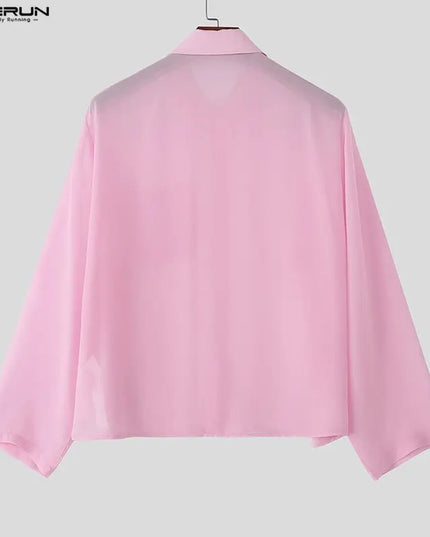 INCERUN Men's Chiffon Lapel Long Sleeve See-Through Loose Shirt