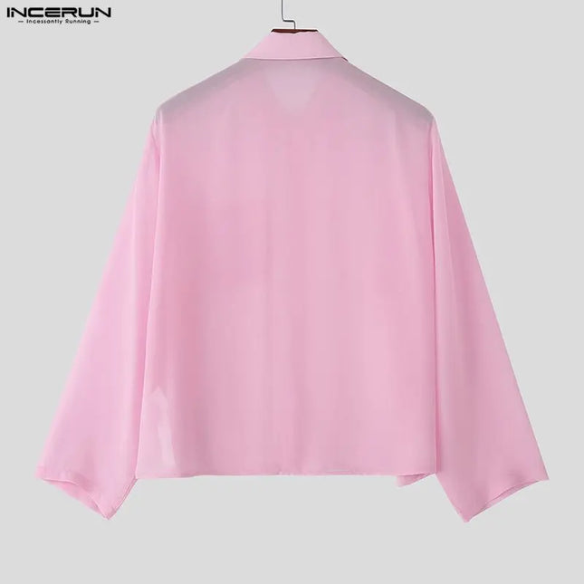 INCERUN Men's Chiffon Lapel Long Sleeve See-Through Loose Shirt