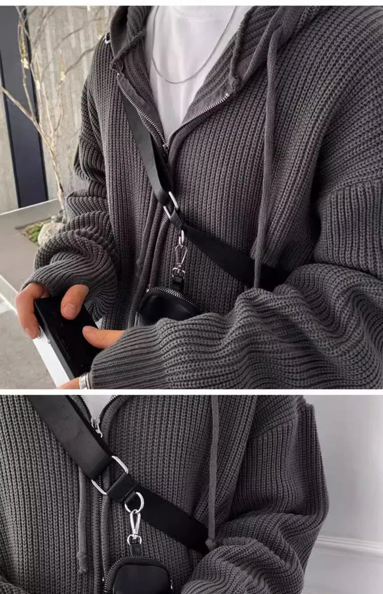 Men's Zip-Up Hooded Cardigan Sweater – Drop Shoulder Knitwear Jacket for Men