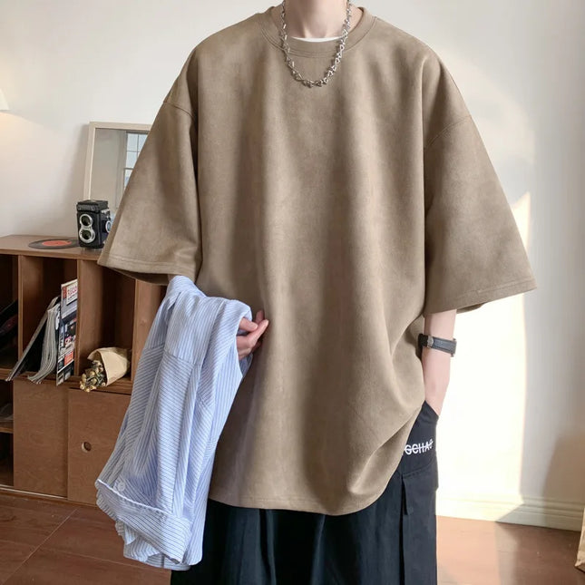 Men's Short Sleeve T-Shirt with Round Neck and Loose Fit in Suede Material