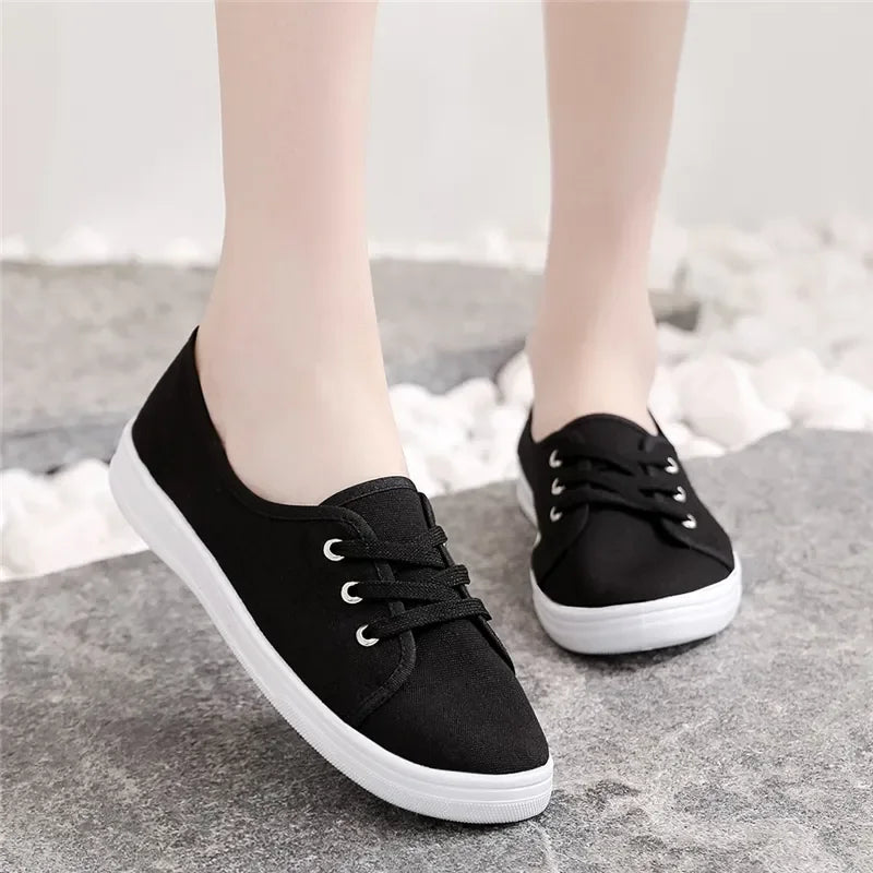 Lady's Classic Round Toe Canvas Lace-Up Sneakers - Comfortable & Stylish Women's Casual Shoes