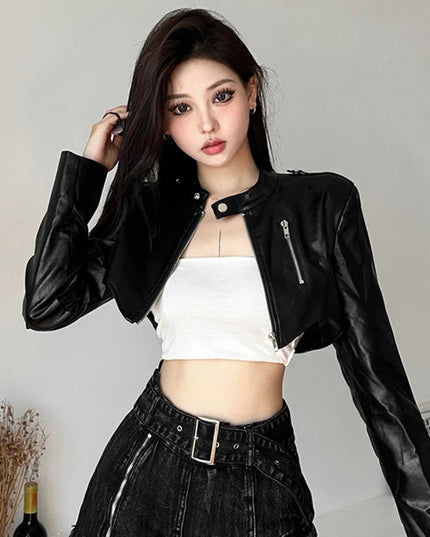Women's PU Leather Cropped Slim Fit Zipper Jacket