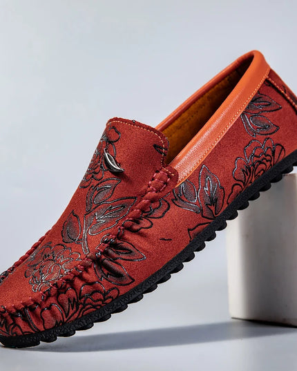 Men's Flower-Printed Faux Leather Slip-On Loafers - Stylish and Comfortable Men's Shoes