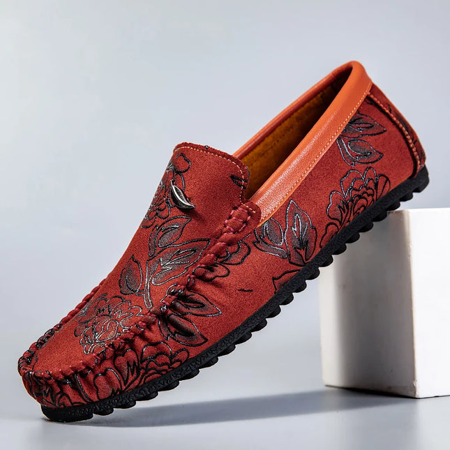 Men's Flower-Printed Faux Leather Slip-On Loafers - Stylish and Comfortable Men's Shoes