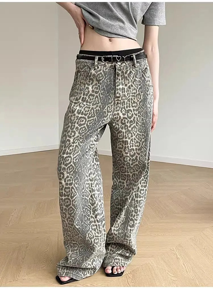 Women High Waist Leopard Printed   Wide Leg Denim Pants  Loose