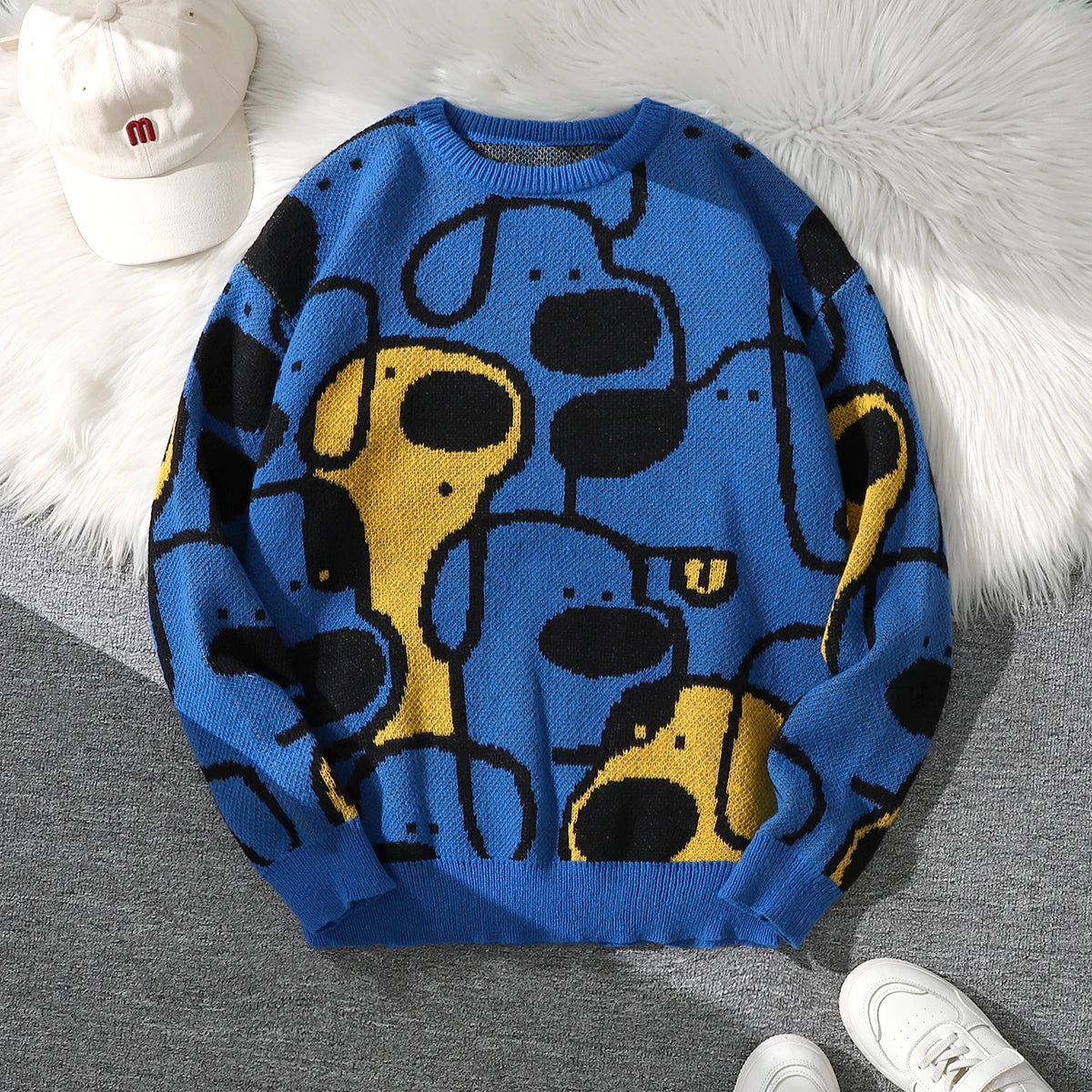 Men's Casual Crew Neck Knit Sweater with Dog Cartoon Print