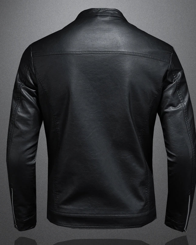 Men's Slim Fit Faux Leather Jacket with Stand Collar - Casual PU Leather Outerwear