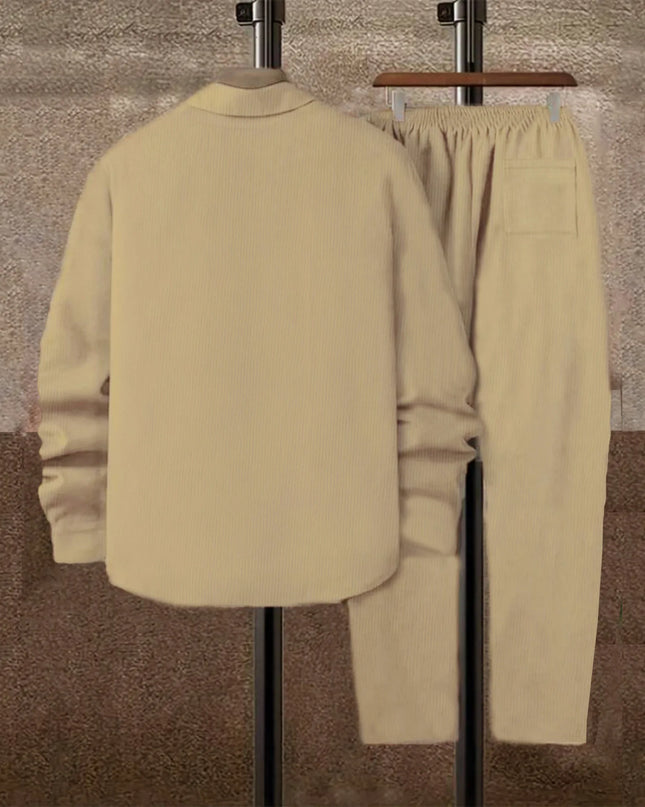 Men's Corduroy 2-Piece Shirt and Pants Set - Long Sleeve Button-Front Casual Outfit for Men