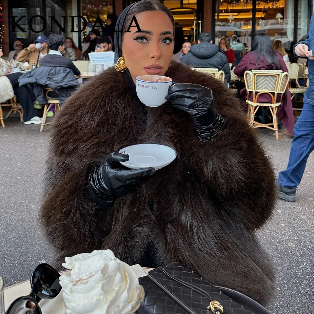 KONDALA Women's Faux Fur Turn-Down Collar Elegant Jacket