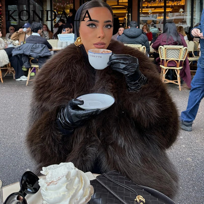 KONDALA Women's Faux Fur Turn-Down Collar Elegant Jacket