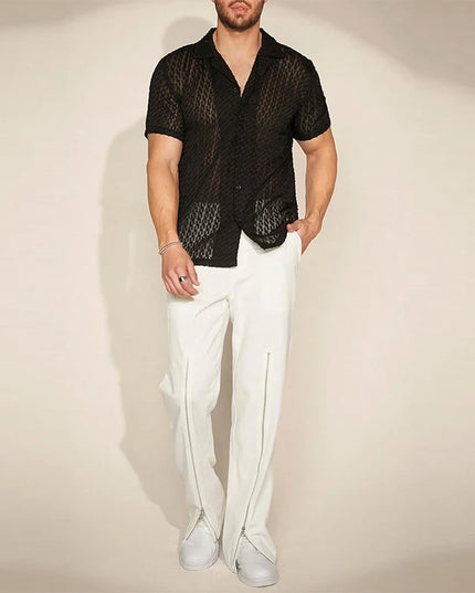 Men's Short Sleeve Mesh Lace Hollow Out Shirt