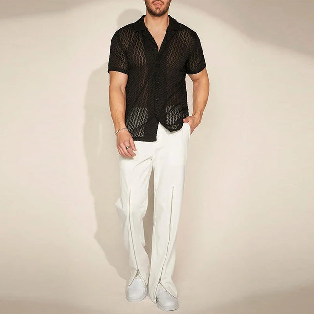 Men's Short Sleeve Mesh Lace Hollow Out Shirt