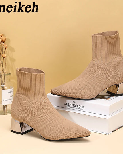Aneikeh Women's Elegant Knit Stretch Ankle Boots