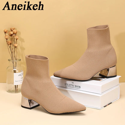 Aneikeh Women's Elegant Knit Stretch Ankle Boots