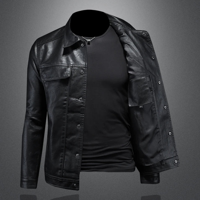 Men's Slim Fit Faux Leather Lapel Jacket - Stylish & Trendy Outerwear