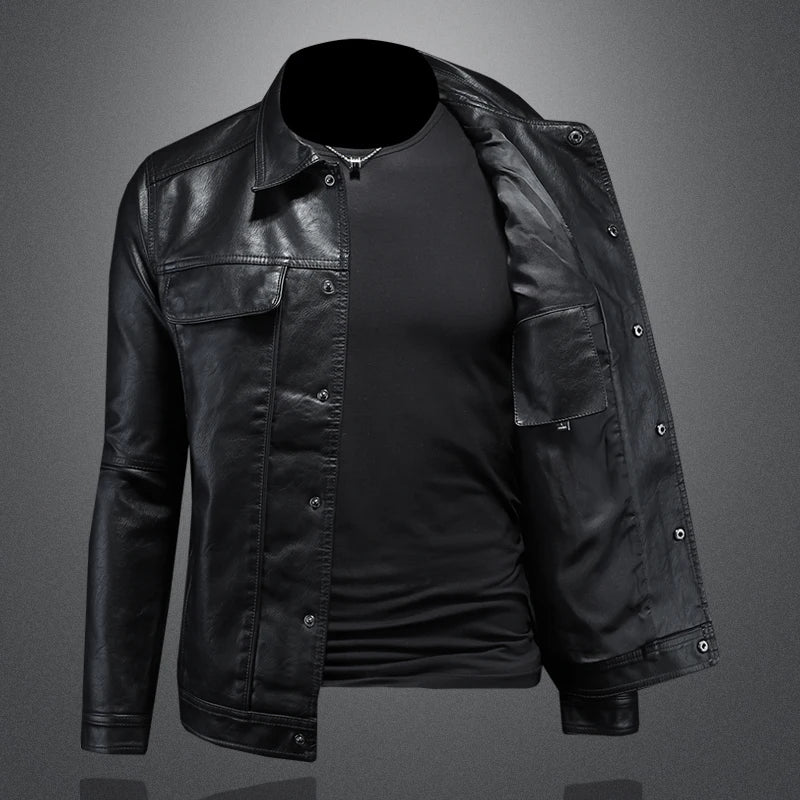 Men's Slim Fit Faux Leather Lapel Jacket - Stylish & Trendy Outerwear