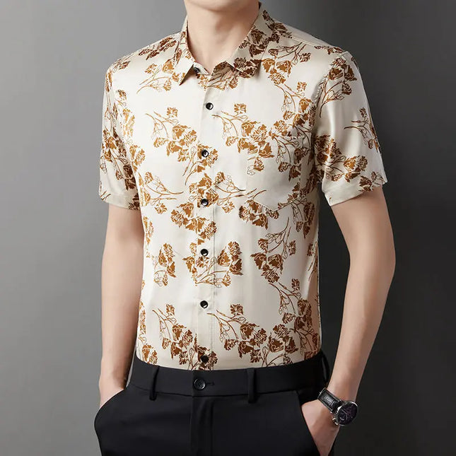 Men's Slim Fit Short Sleeve Floral Print Casual Button-Down Shirt
