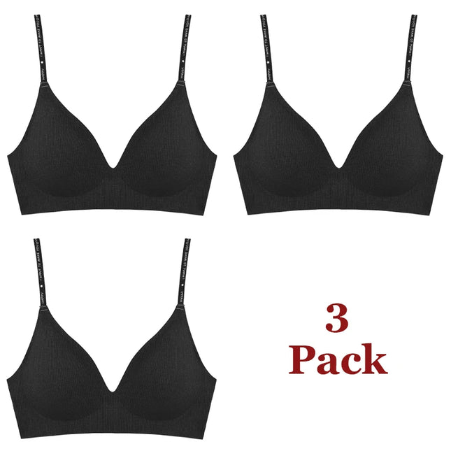 FINETOO 3-Piece Women's Striped Wireless Padded Deep V Bra with Breathable Design and Adjustable Straps