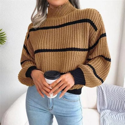 Women's Striped Sweater with Half High Collar