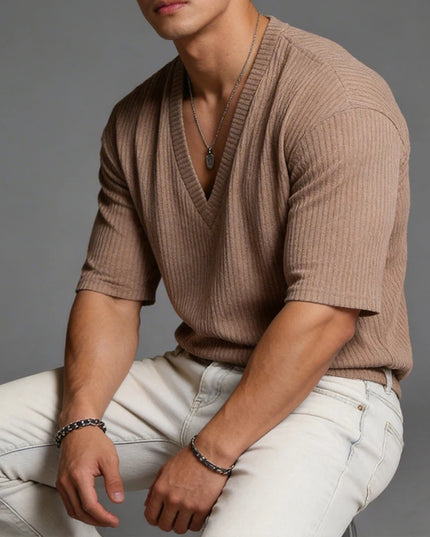 Men's V-Neck Short Sleeve Casual Slim Fit Ribbed T-Shirt
