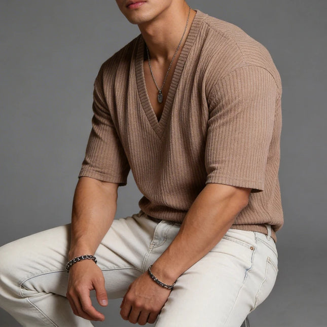 Men's V-Neck Short Sleeve Casual Slim Fit Ribbed T-Shirt