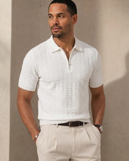 Men's Textured Knit Polo Shirt with Short Sleeves and Half Zip Neck