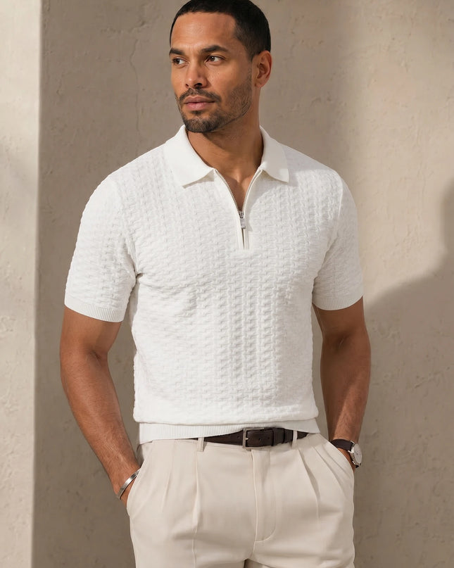 Men's Textured Knit Polo Shirt with Short Sleeves and Half Zip Neck
