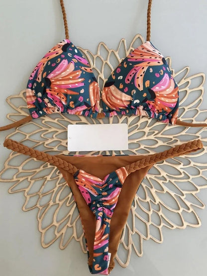 Women's Striped High-Waist Thong Bikini Set