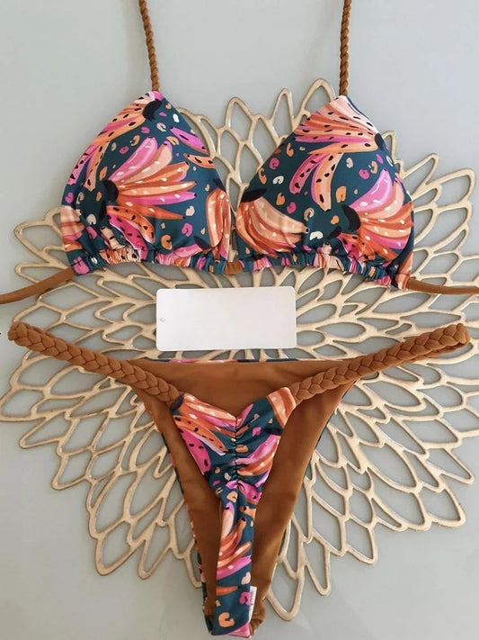 Women's Striped High-Waist Thong Bikini Set