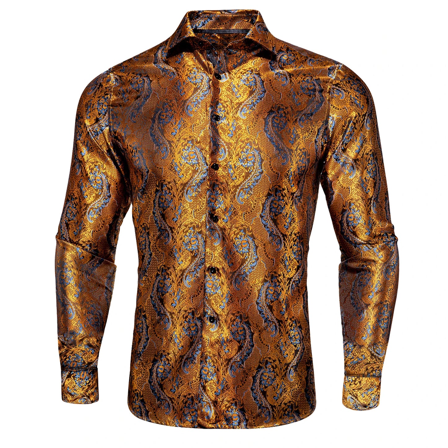 Luxury Gold Men's Silk Jacquard Lapel Shirt