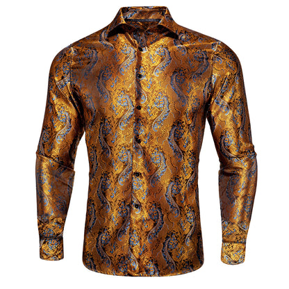 Luxury Gold Men's Silk Jacquard Lapel Shirt