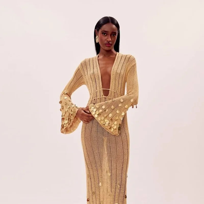 Women's Sequin Knitted Maxi Dress - Deep V Neck Lace-Up High Waist Robe with Sheer Panels
