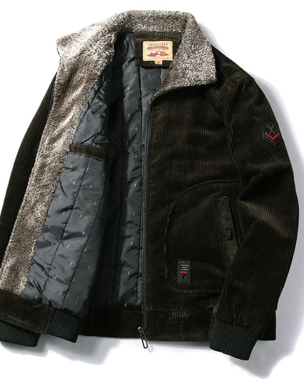 Men's Warm Corduroy Thermal Windbreaker Jacket with Faux Fur Collar