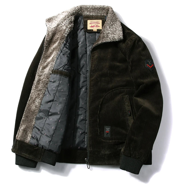 Men's Warm Corduroy Thermal Windbreaker Jacket with Faux Fur Collar
