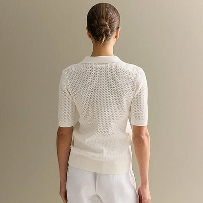 Women's Knitted Polo T-Shirt – Casual Loose Fit with Lapel, Comfortable Women's Knit Top
