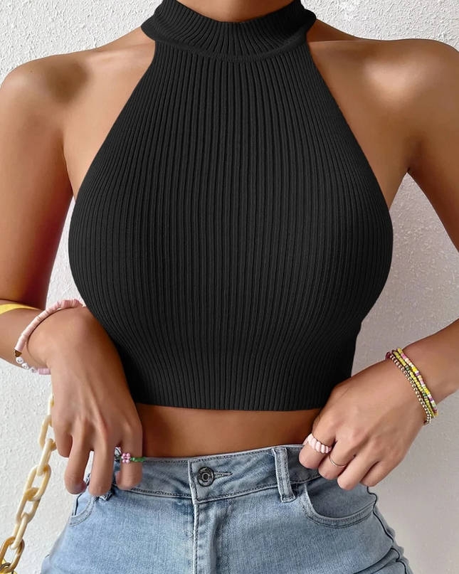 Women's Casual Ribbed Knit Halter Crop Top