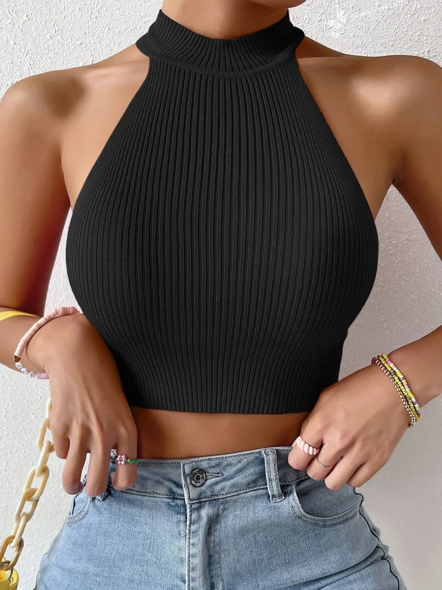 Women's Casual Ribbed Knit Halter Crop Top
