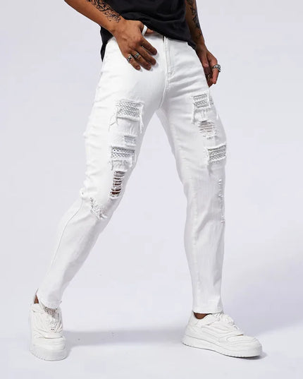 Men's Skinny Elastic Ripped Hole Denim Jeans